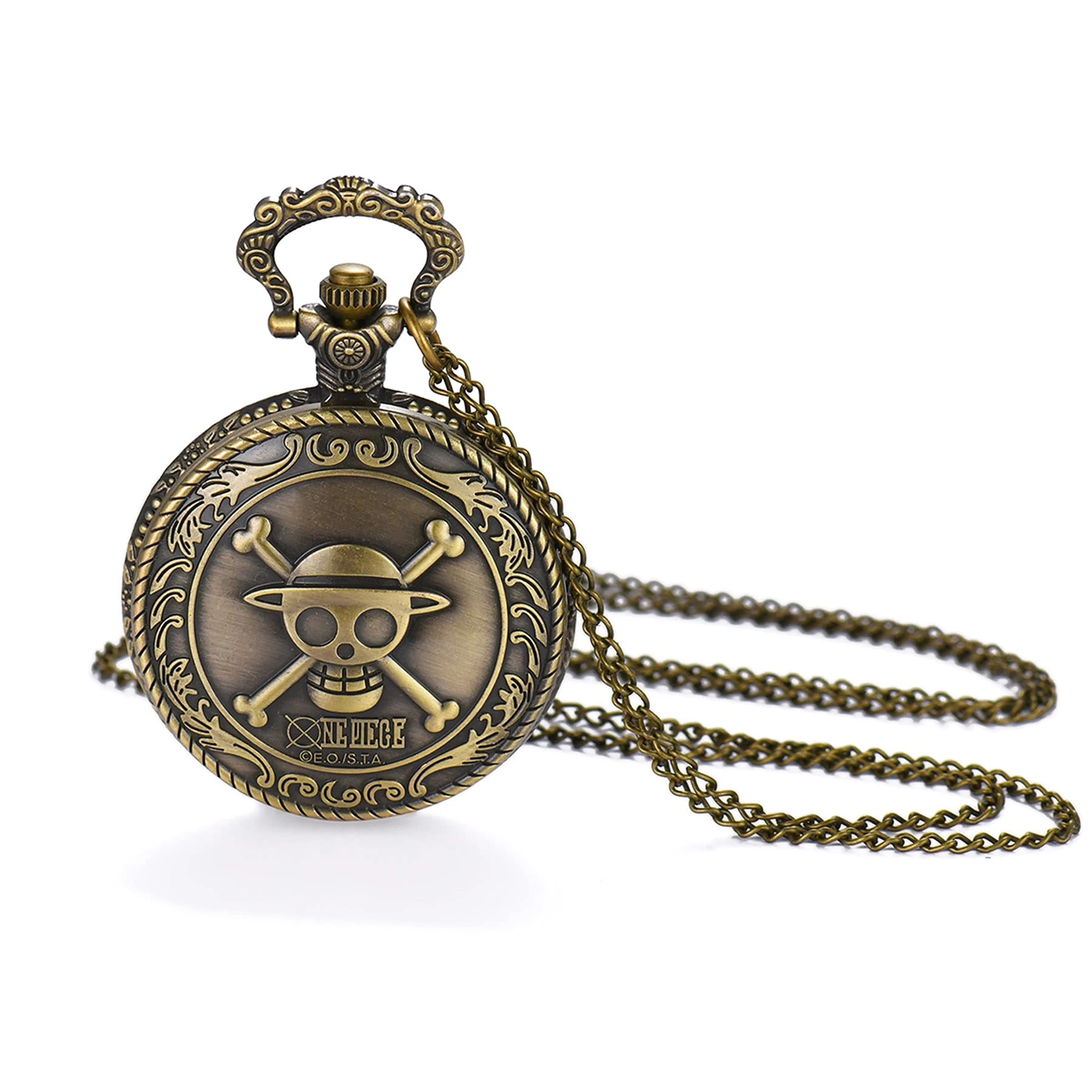 JewelryWe Antique Bronze Anime Skull One Piece Style Quartz Pocket Watch Necklace with 31.5 Inch Chain for Halloween
