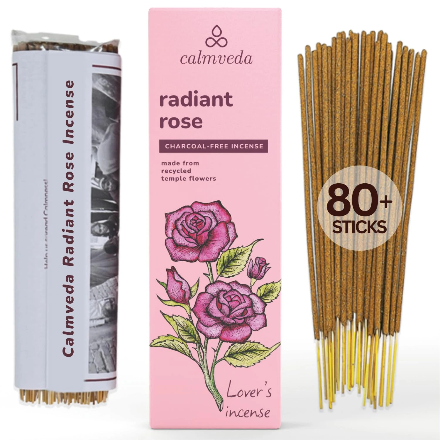 Radiant Rose Incense Sticks for Love - (80 Sticks) Charcoal Free Incense Using Upcycled Flowers | Romance Incense to Promote Love & Care, Perfect Housewarming Gift
