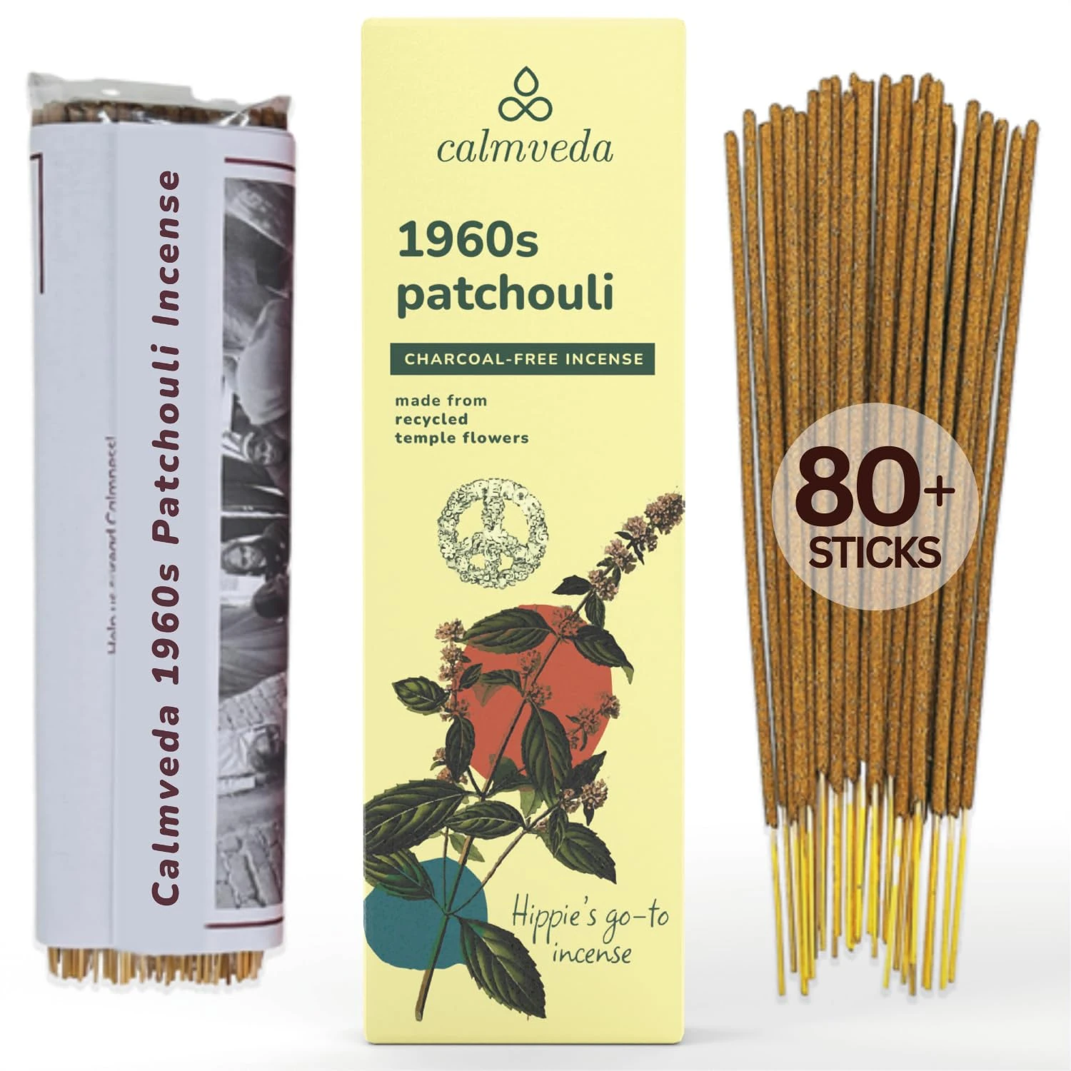 1960s Patchouli Incense Sticks Pack - (80 Sticks) Charcoal Free Incense, Made from Upcycled Flowers | Organic Incense Sticks Non Toxic | Relaxation Pachouli Incense for Calming