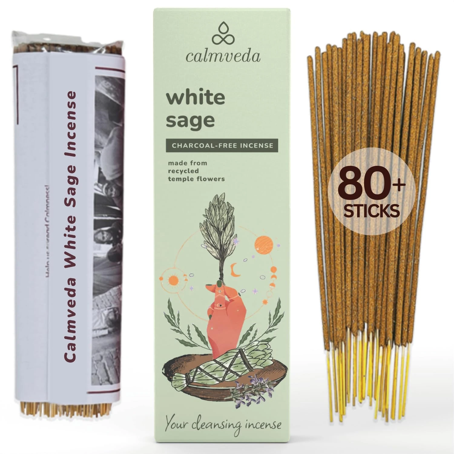 Calmveda White Sage Incense Sticks for Cleansing - (80 Scent Sticks) Charcoal Free, Made from Upcycled Flowers | Protection Incense to Cleanse Negative Energy