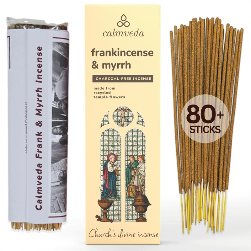 Calmveda Church Frankincense and Myrrh Incense - 80 Sticks, Charcoal Free, Made from Upcycled Flowers | Spiritual Healing Sticks