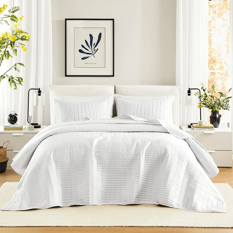 Comfort Spaces Kienna Quilt Set-Luxury Double Sided Stitching Design All Season, Lightweight, Coverlet Bedspread Bedding, Matching Shams, Oversized King(120"x118"), White 3 Piece