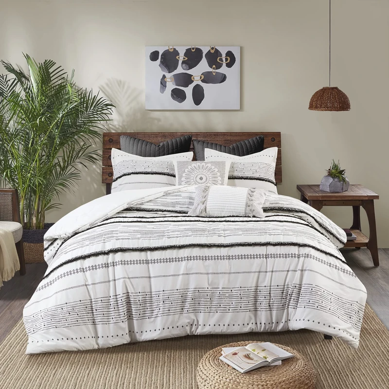 INK+IVY Luxurious Cotton-Bedding Set - Mid Century Trendy Geometric Design, All Season Cozy-Cover With Matching-Shams, Full/Queen, Nea Trims Black/Multi