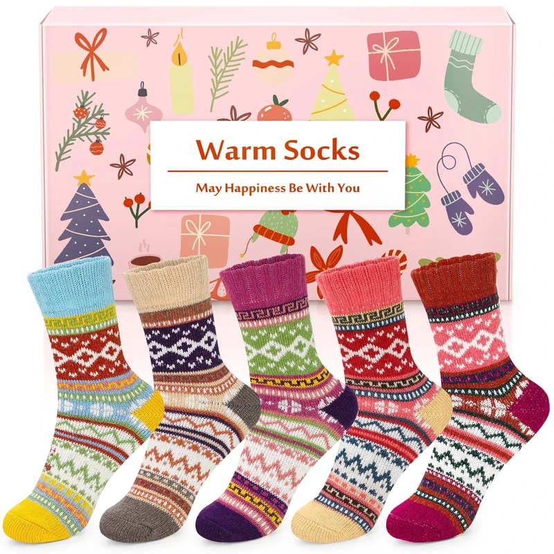 Airabc Thermal Winter Women Socks 5 Pairs Wool Warm Knitting Ladies Socks Vintage Style Soft Cotton Thick Woman Bed Sock Multicoloured for Home Office School Hiking, Ideal Christmas Gifts for Women