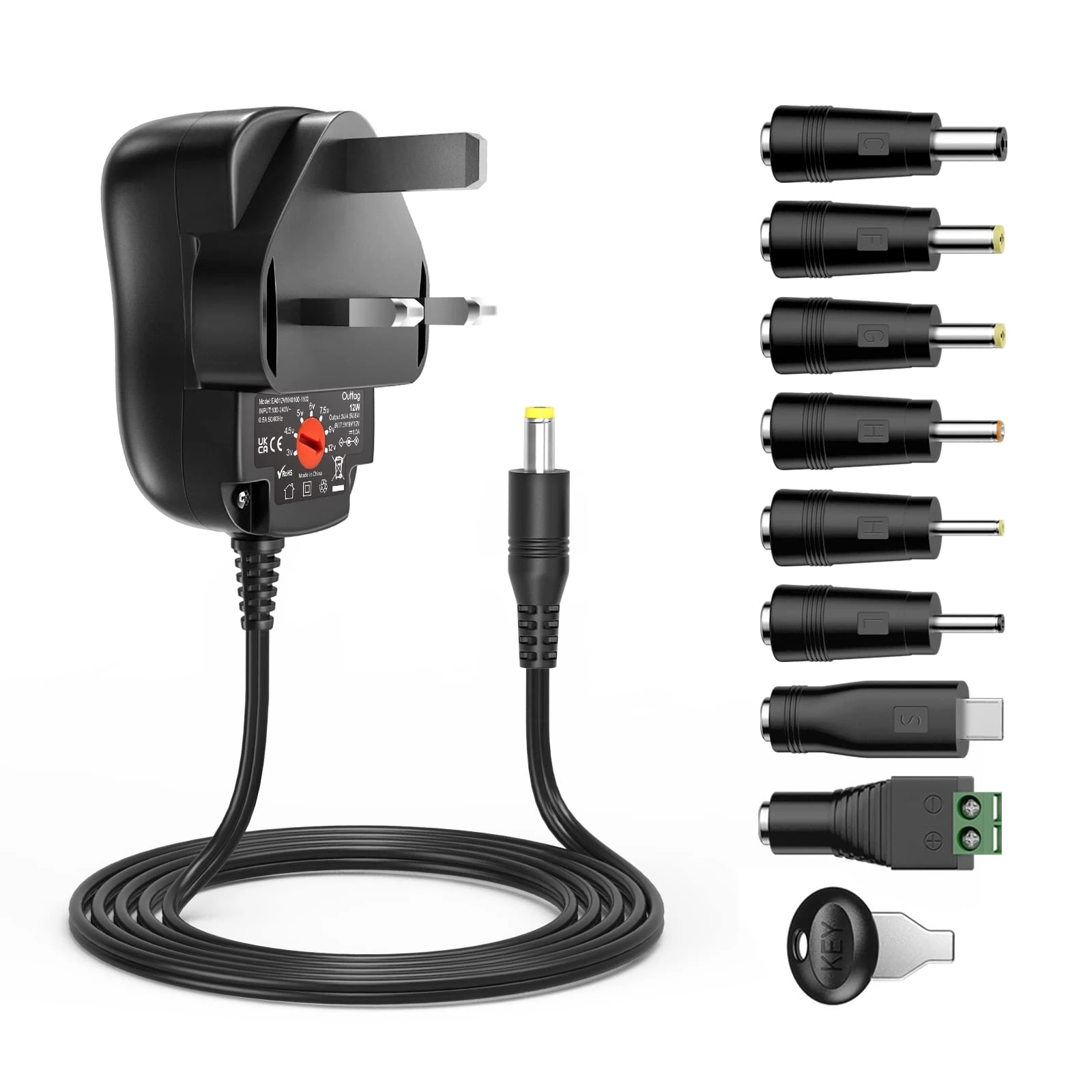Outtag 12W Universal Charger DC 3V 4.5V 5V 6V 7.5V 9V 12V Power Supply 1000mA Power Adapter AC 100-240V 50 60HZ Adaptor With 8Pcs Tips For CCTV Camera TV Box LED Strip Light BT Speakers Router Hubs