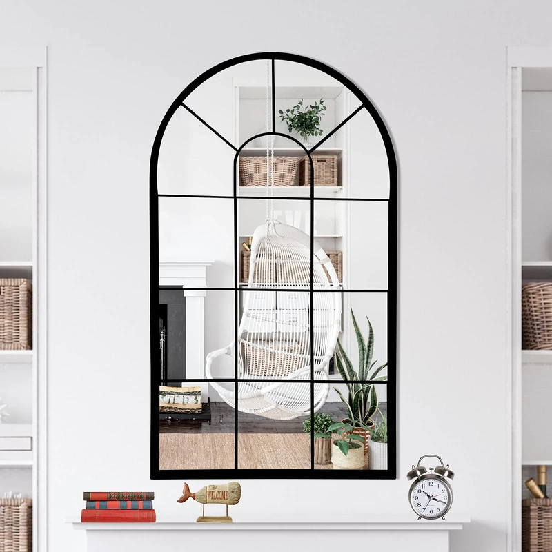 HQiJun Wall Mirror Window Decorative Mirrors Arched Farmhouse for Living Room Bedroom Entryway Bathroom Vanity (41.3'' x0.9''x24'')