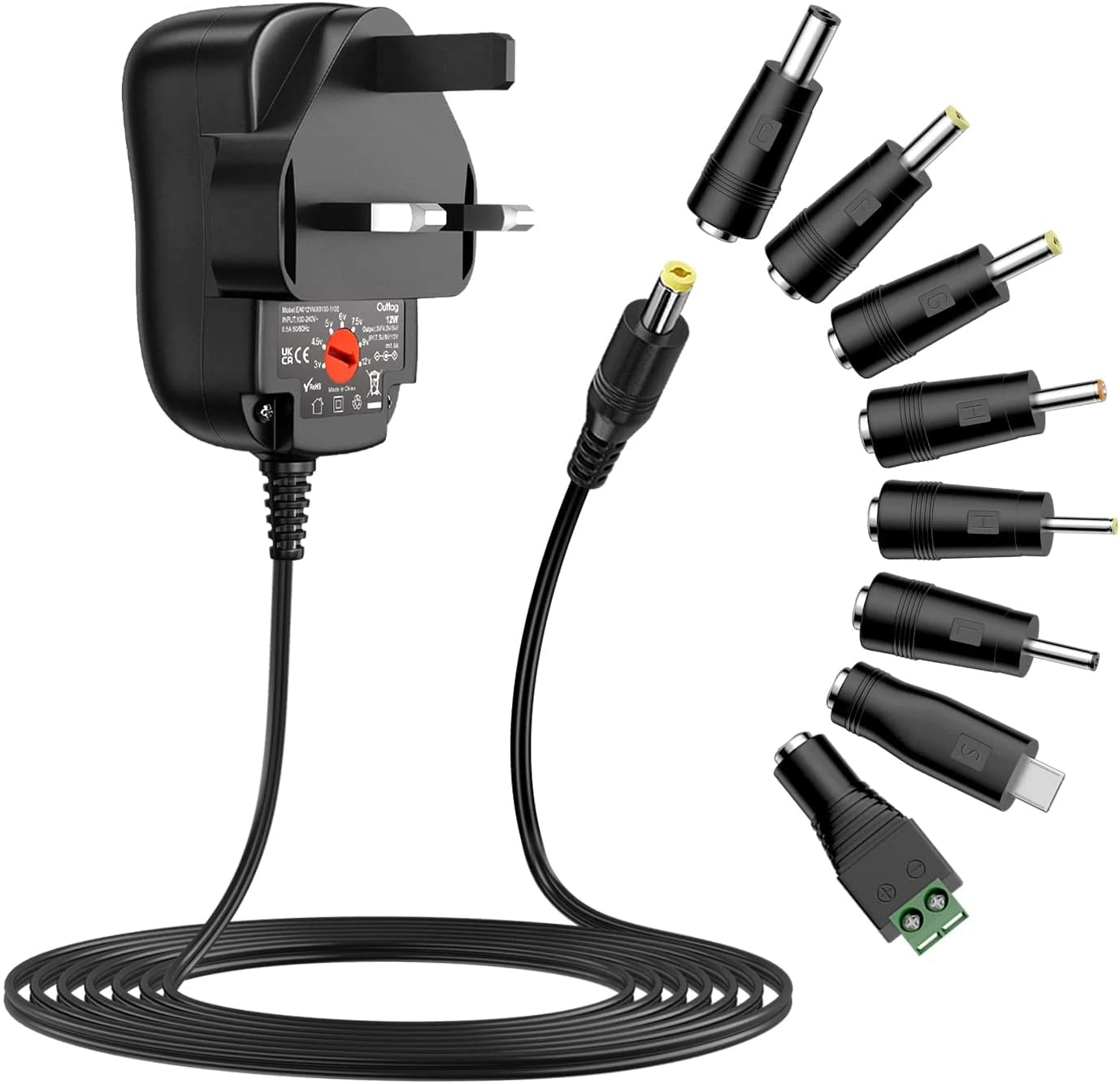 Outtag 12W 3-12V Power Supply AC/DC Universal Adaptor 3V 4.5V 5V 6V 7.5V 9V 12V 1A Universal Power Adapter 100-240V 50/60Hz AC Charger With 8Pcs DC Plug For CCTV Camera LED Strip Light
