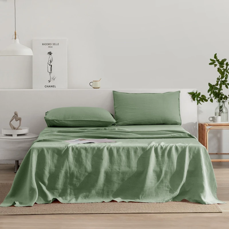 EVERLY Linen Sheets Set Queen Size,100% French Stonewash Pure Linen Sheets Set,4Pieces (1Flat Sheet,1Fitted Sheet,2Pillowcase) Suitable for Hot Sleepers,Natural Linen Bed Set-Saga Green-Queen
