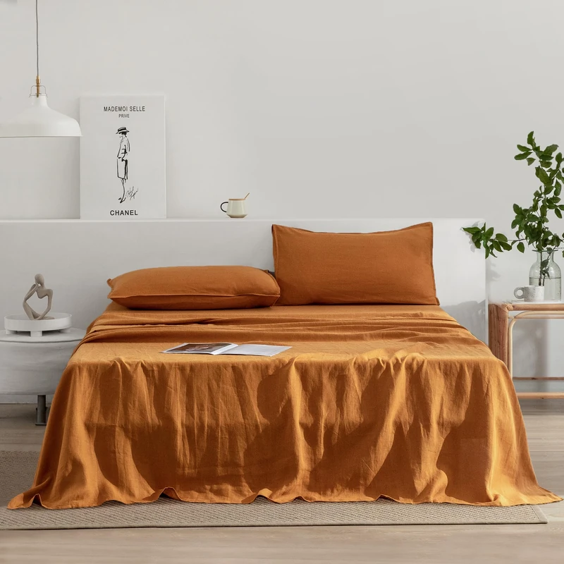 EVERLY Linen Sheets Set King Size, 100% French Stonewash Pure Linen, 4 Pieces (1 Flat Sheet, 1 Fitted Sheet, 2 Pillowcases), Deep Pocket, Natural Bedding Set - Caramel