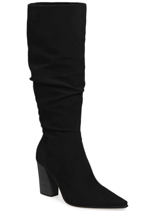 PiePieBuy Womens Faux Suede Knee High Boots Pointed Toe High Chunky Heel Side Zipper Party Dress Booties, Black, 5 UK