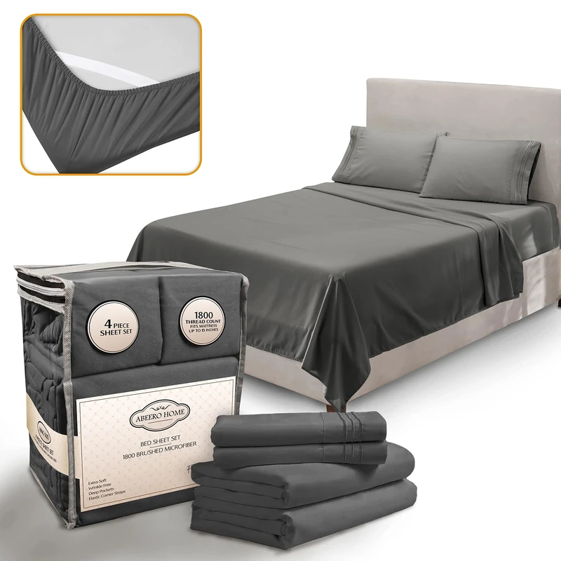 Abeero Home King Size Premium Sheet Set - Luxury Hotel Bedding - Cooling Bed Sheets with Elastic Corner Straps - Up to 15" Deep Pocket Mattress - Soft Sheets & Pillowcases - 4 Piece (King, Gray)