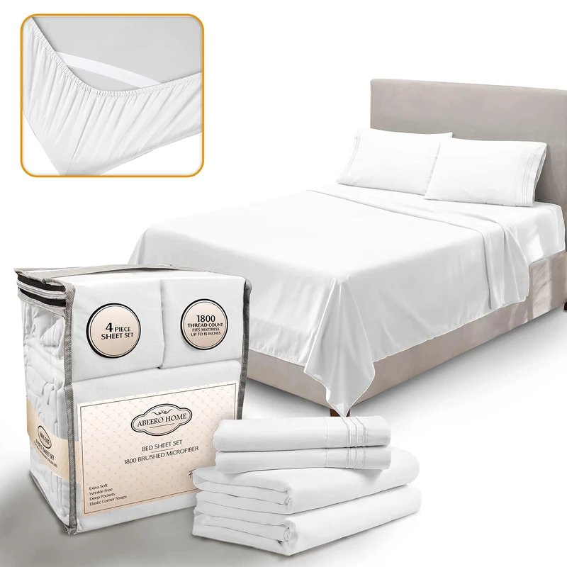 Abeero Home Queen Size Premium Sheet Set - Luxury Hotel Bedding - Cooling Bed Sheets with Elastic Corner Straps - Up to 15" Deep Pocket Mattress - Soft Sheets & Pillowcases -4 Piece (Queen, White)