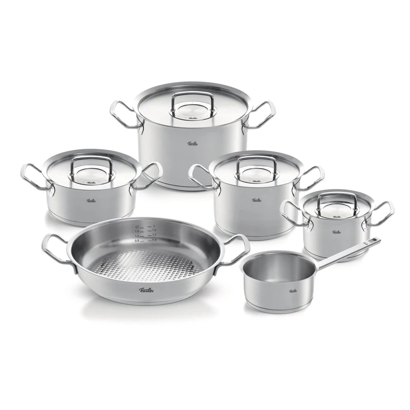 Fissler Original-Profi Collection 084-388-06-001/0 Stainless Steel Saucepan + Free Serving Pan 5-Piece Set with Metal Lid (3 Saucepans, 1 Stewing Pan, 1 Saucepan) Induction