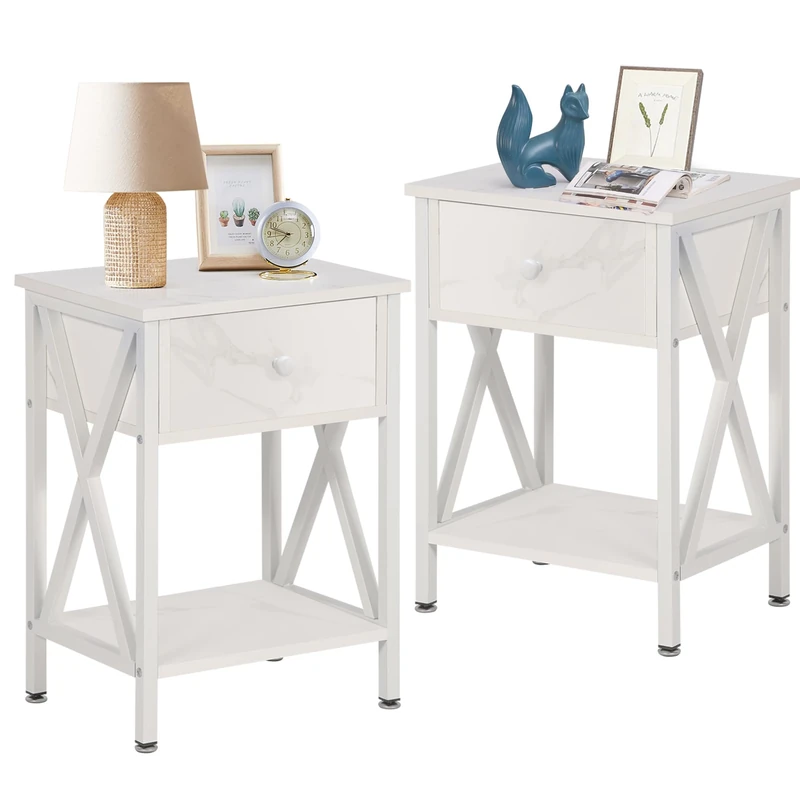 VECELO Bedside Tables Set of 2, Night Stands with Drawer and Storage Shelf for Living Room Bedroom, X-Shape Legs and Water-Proof Surface