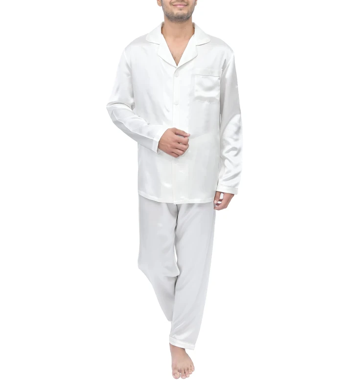 Sleepdown Men's Silk Pyjamas Ivywhite Medium Pajama Set, Ivory, M