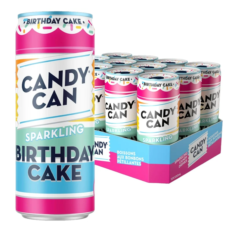 Candy Can Birthday Cake Fizzy Drink, (12 x 330ml Cans), Low Calorie Sparkling Soda with Strawberry and Vanilla Birthday Cake Flavour, No Added Sugar, Vegan, Gluten Free