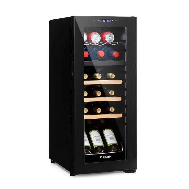 Klarstein Bovella Duo+ Two-Zone Wine Cooler - Wine Refrigerator, Beverage Refrigerator, Two Separate Cooling Zones, Glass Door, Compact Dimensions, Stylish, Capacity: 50 litres / 18 Bottles, Black
