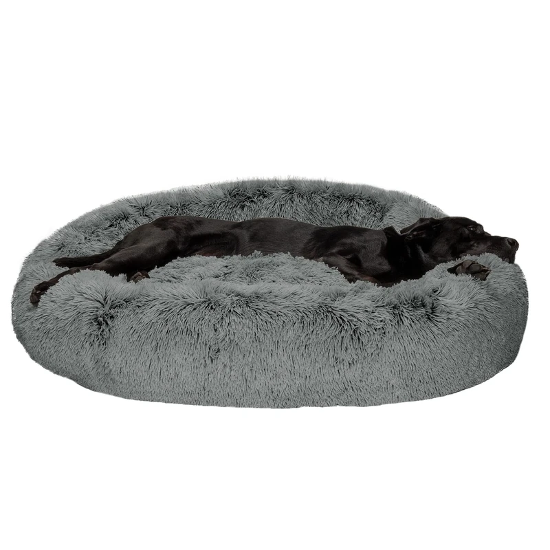 Furhaven 45" Round XL Donut Dog Bed Plush Long Faux Fur Calming Cuddler w/Removable Washable Cover - Gray, Jumbo
