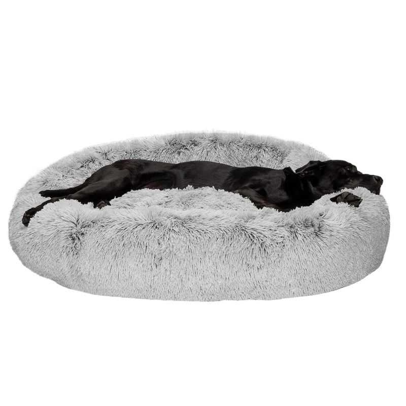 Furhaven 45" Round XL Donut Dog Bed Plush Long Faux Fur Calming Cuddler w/Removable Washable Cover - Mist Gray, Jumbo