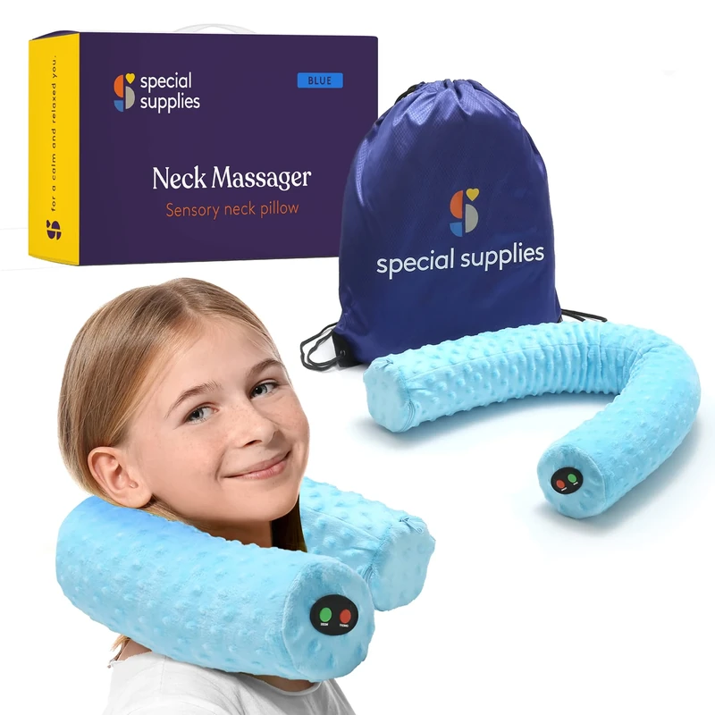 Special Supplies Sensory Vibrating Neck Pillow for Kids and Adults Plush Velvet Soft Cover with Textured Therapy Stimulation, Mind and Body Calming Relaxation - Blue