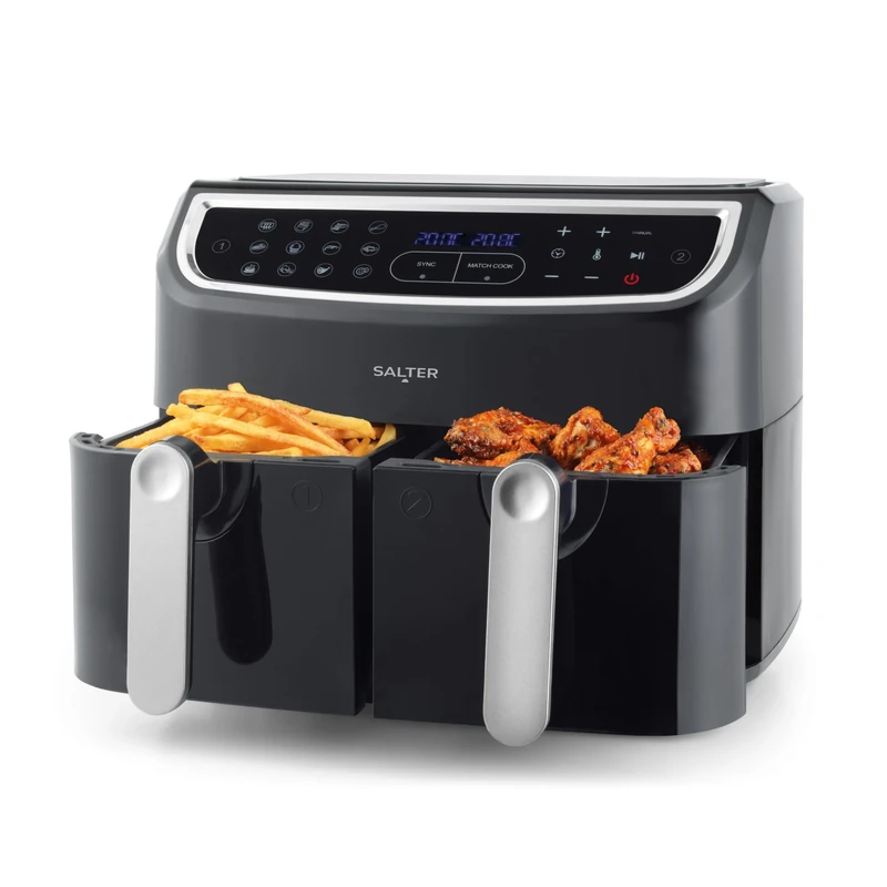 Salter EK4548 Dual Air Fryer - Double Drawer, 2 XL Non-Stick Cooking Trays, Sync & Match Cook Function, Independent Cooking, 8.2L, Sensor Touch Display, 12 Presets, Oil Free, 2200W-2600W, Black/Silver