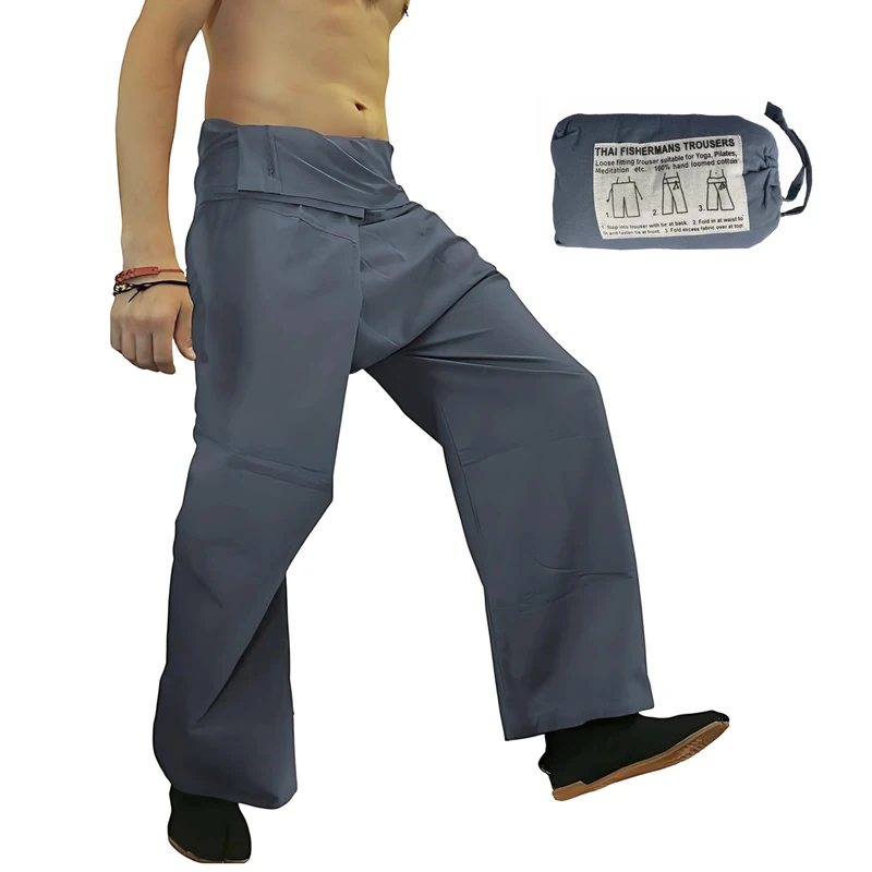 manakamana Thai Fisherman Pants Yoga Pants Plain Color Men/Women - Thai wrap Pants - 100% Cotton, Grey Blue, One Size