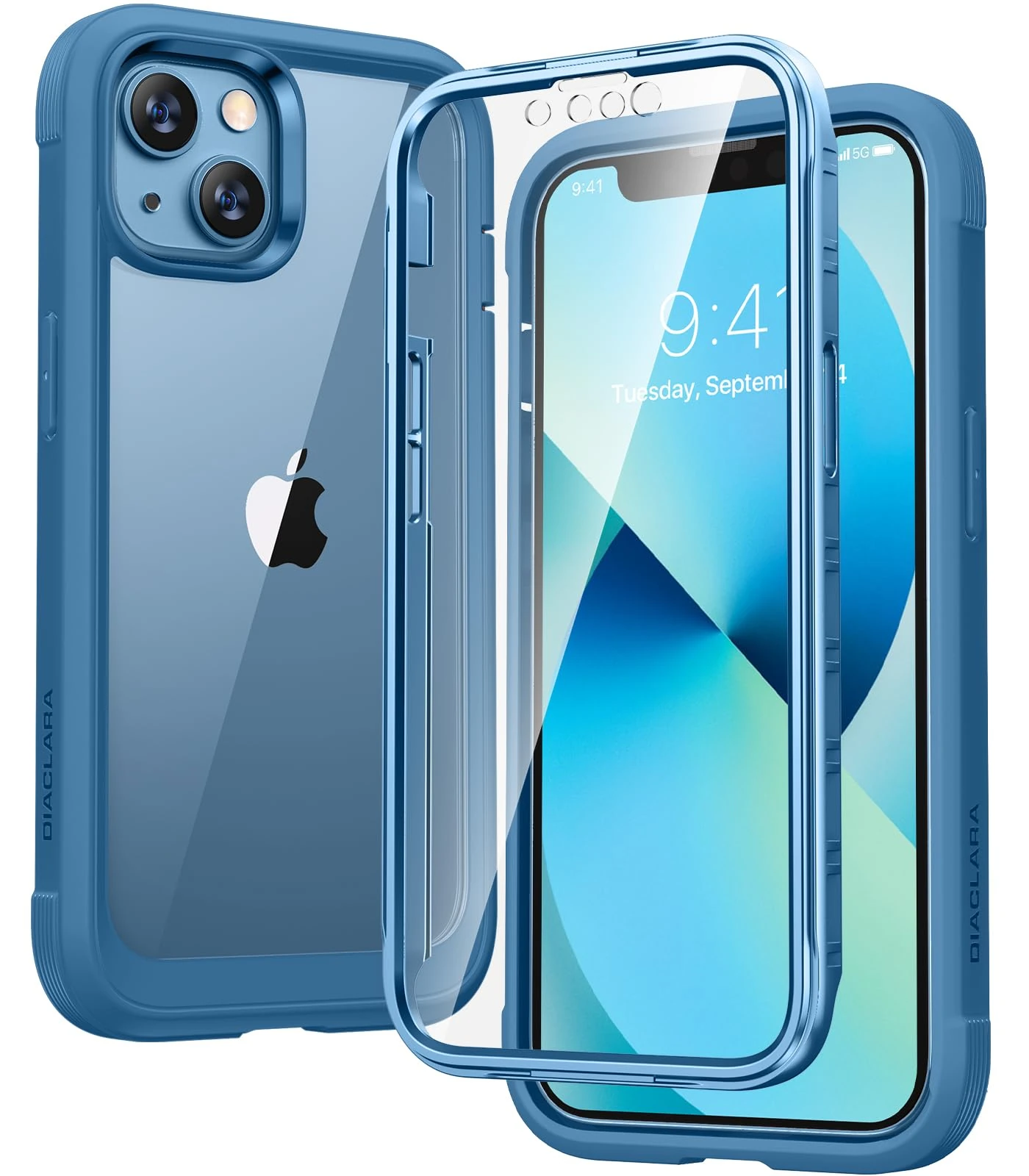 Diaclara Compatible with iPhone 13 Case, 360° Full Body with Built-in Screen Protector Touch Sensitive Shockproof Bumper Case Cover Clear-Back Designed Compatible for iPhone 13 6.1"-Blue