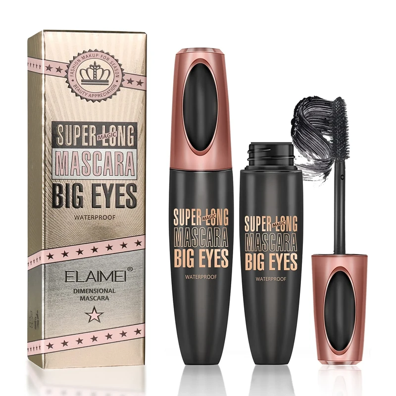 (2Pcs) 4D Silk Fiber Eyelash Mascara, Extra Long Thick & Voluminous Lash Mascara, Black Long-Lasting Waterproof 4D Mascara for Makeup