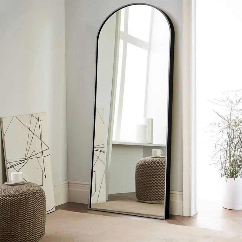 NeuType Large Arched Full-Length Floor Mirror with Stand, Bedroom Standing or Leaning Against Wall Aluminum Alloy Frame Dressing Mirror, Black