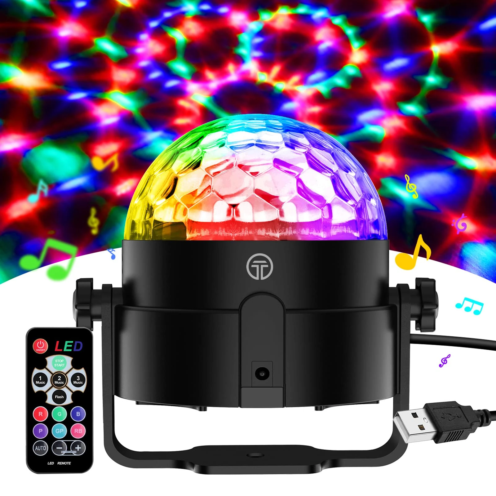 Gobikey Disco Lights, 360°Rotation Sound Activated Portable Disco Ball Lights with 4M/13ft USB Power Cable, 3W RGB Party Lights with Remote Control for Birthday/Family Gathering/Party/Home