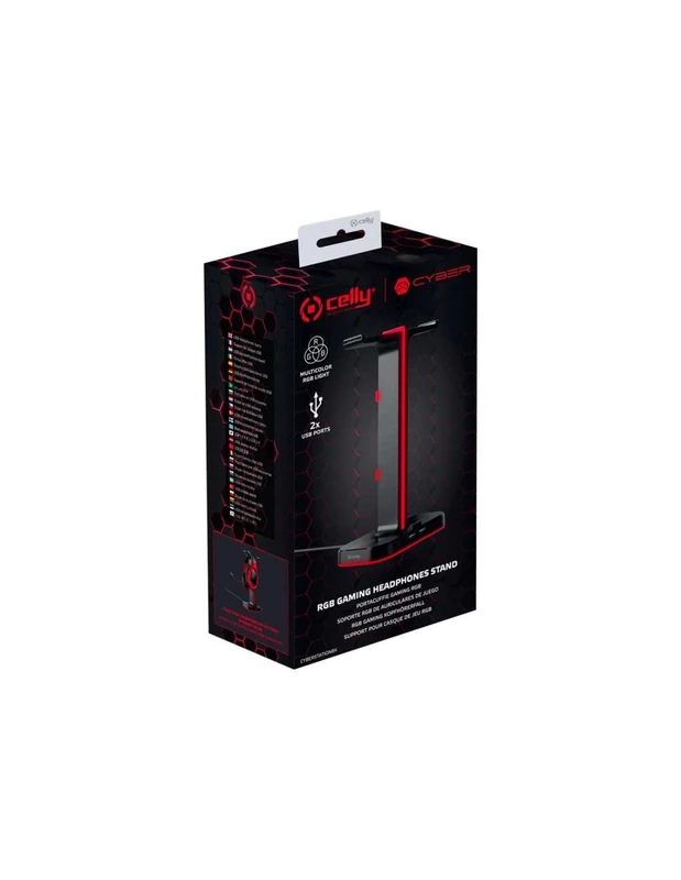 Celly CYBERSTATIONBK - RGB Gaming Headset Stand with HUB and 2xUSB Charging Station, Black