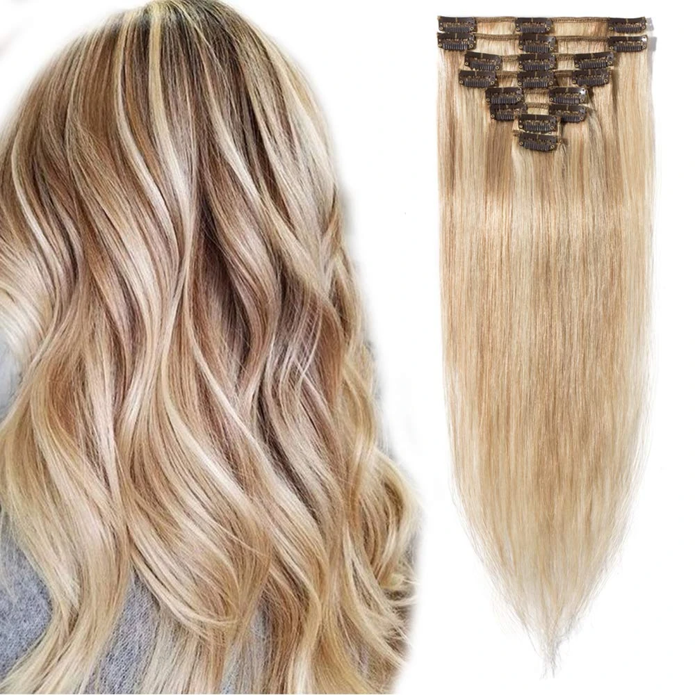 Elailite Clip in Hair Extension Real Human Hair Remy Natural Hair - 8 Pieces (Thin Weft) Full Head Straight - #18/613 Ash Blonde Mix Bleach Blonde - 10 Inch (50 g)
