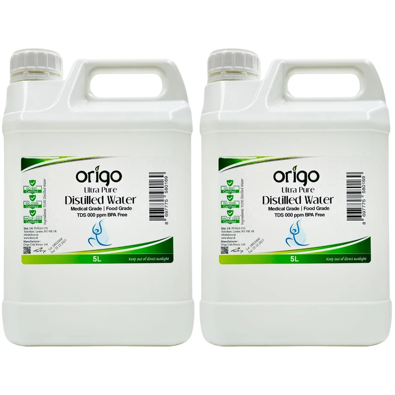 Origo Distilled Water 10L (2x5LT) - 100% Ultra Pure & Deionized - Demineralized Water for Multi-Purpose Use - TDS 0 ppm Guaranteed - Perfect for Cleaning & Appliances