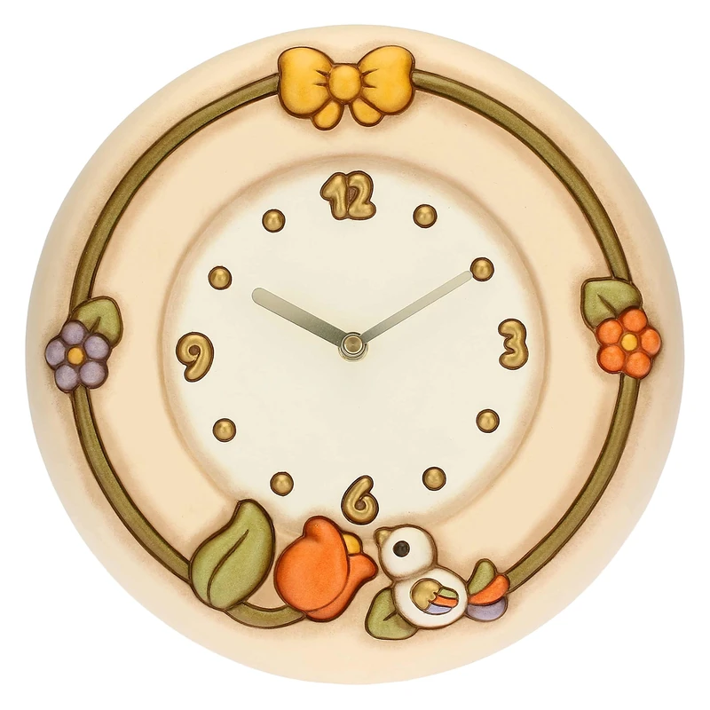 THUN - Country Wall Clock with Tulip and Bird - Living, Home Decor - Gift Idea - Country Line - Ceramic, Plastic Mechanism - Diameter 26 cm; Depth 4.5 cm