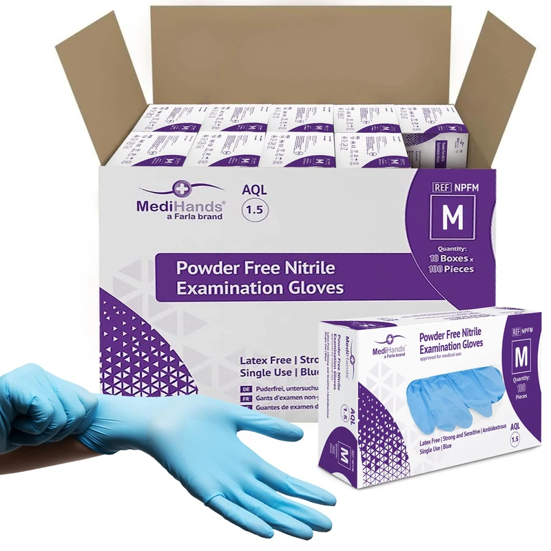 Farla Medical MediHands Nitrile Gloves, Blue Heavy Duty Disposable Gloves, Powder Free, Latex Free, and Protein Free, Medical, Food, Multi Use, Pack of 100 (M (Pack of 1000))