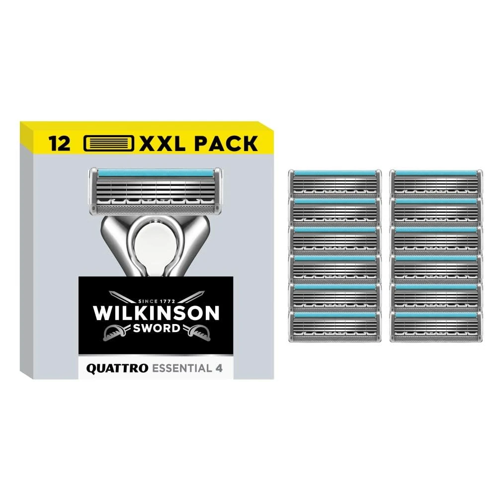 Wilkinson Sword Quattro Essential Men's Razor Refills, Great Addition to Wash Bags for Men's Grooming, Great Shavers for Routine Shaving, 12 Refill Razor Blades Pack