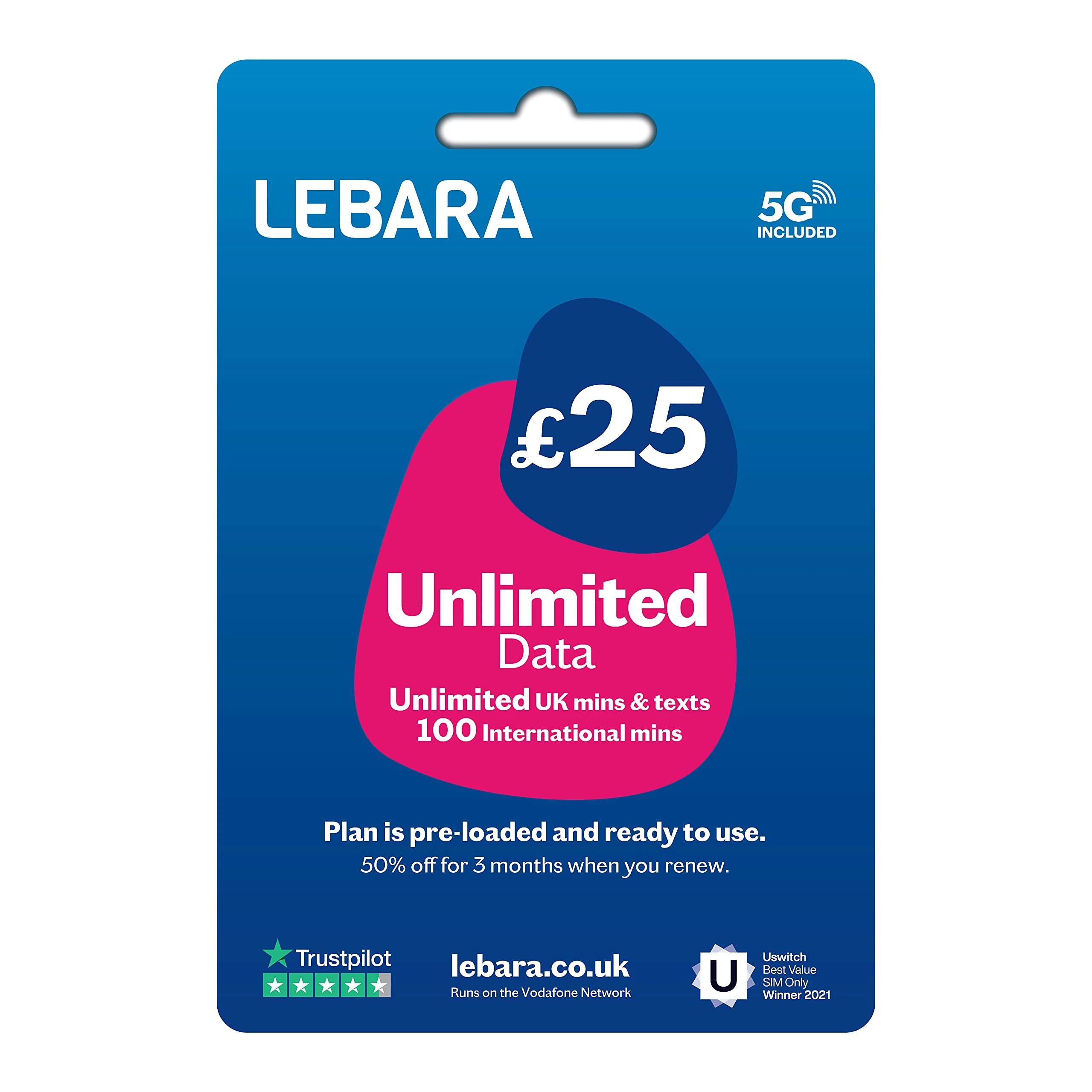 Lebara UK Unlimited Data SIM Card, Unlimited UK Minutes & Texts, 100 International minutes
