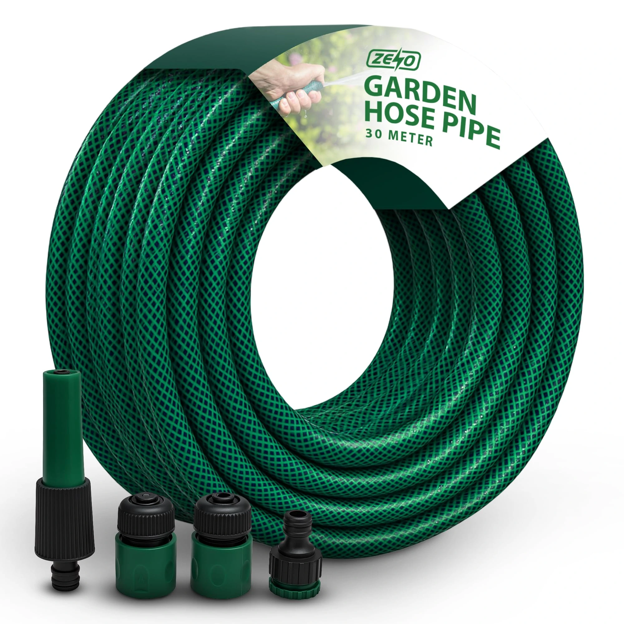 ZENO Reinforced Garden Hose Pipe with Spray Nozzle Fittings, 30M Garden Hose, Wear and Tear Resistant, Leak and Burst Proof, Kink Free, Easy Storage