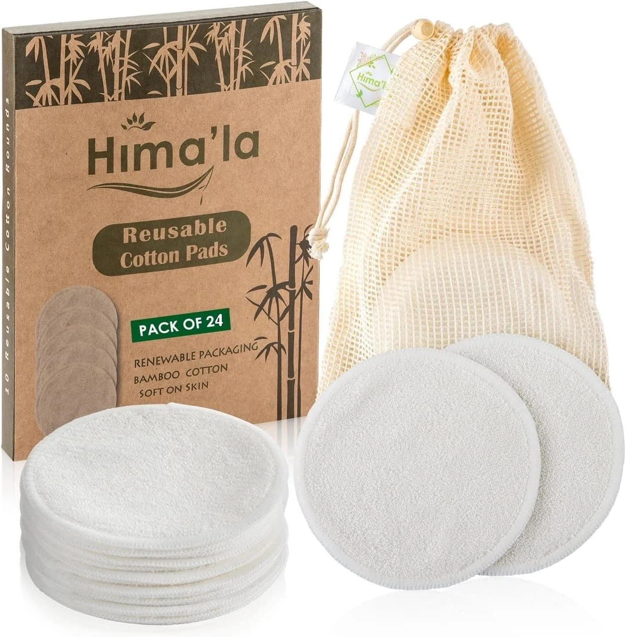Hima'la 24 Pcs Reusable Makeup Remover Pads with Washable Laundry Bag | Bamboo Make Up Remover Pads - Eco Friendly Soft & Gentle Reusable Cotton Pads (Pack of 24)