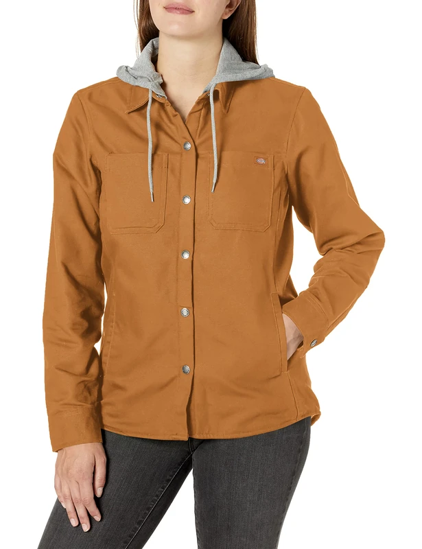 Dickies Women's Hooded Shirt Jacket, Brown Duck, S