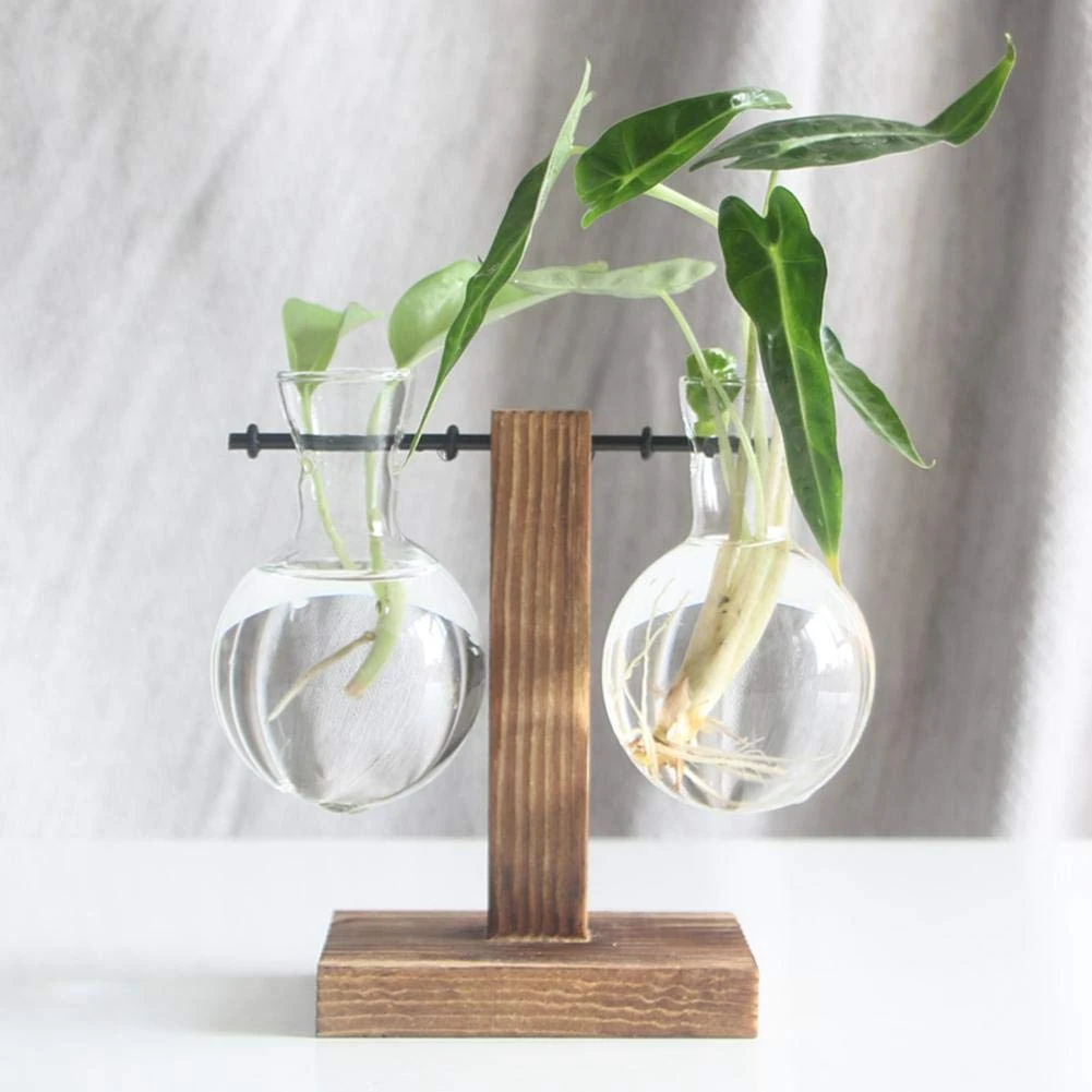 Glass Planter Bulb Vase, Desktop Air Plant Terrarium Kit with Retro Solid Wooden Stand, Plant Propagation Stations Terrarium for Indoor Water Plants Home Garden Office Decoration Accessories