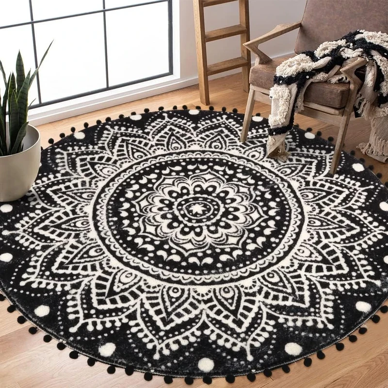 Uphome Boho Round Rug for Living Room 4' Circular Black Mandala Area Rug with Pom Poms Fringe Washable Cute Bohemian Accent Throw Rugs Non-Slip Soft Floor Mat for Bedroom Sofa Kids Room Nursery - Image 1
