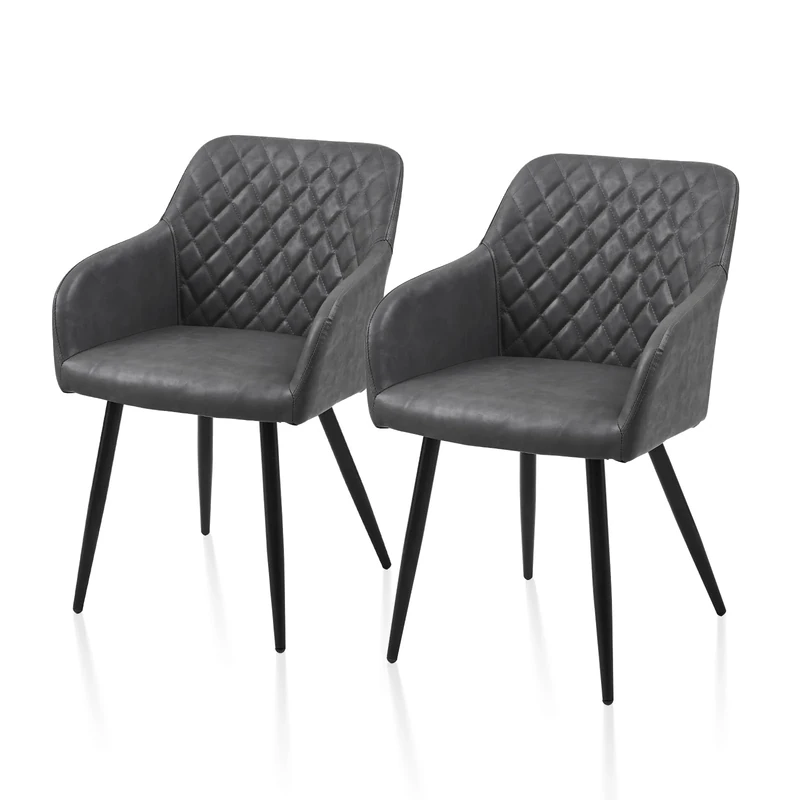 TUKAILAi Set of 2 Dining Chairs Dark Grey Faux Leather Thickened Upholstered Chairs with Backrest and Metal Legs, Living Room Armchair for Home Office or Restaurant