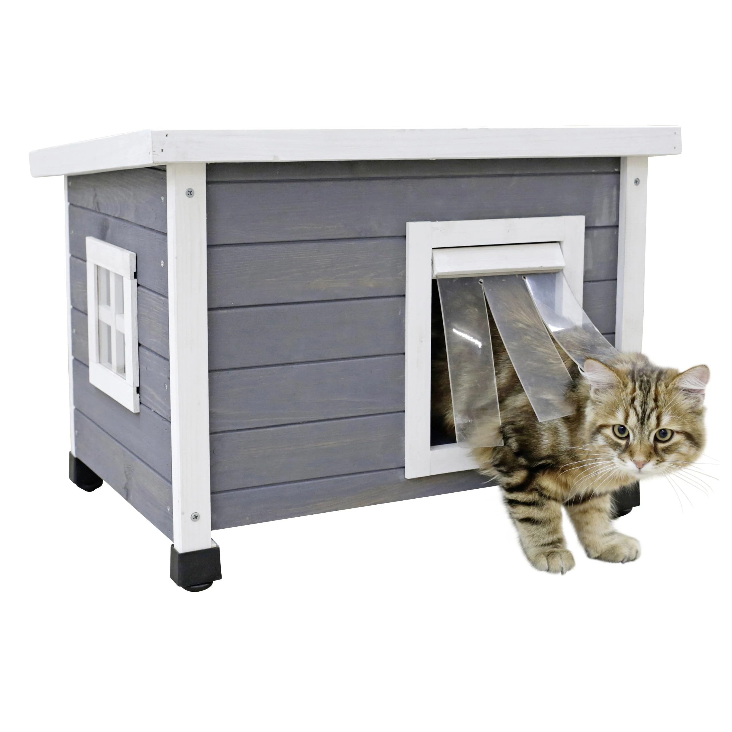 Kerbl Rustica 80991 Cat House Wooden White / Grey Swing Door with Slats, Plexiglass Window, Height-Adjustable Plastic Feet, Cat Villa