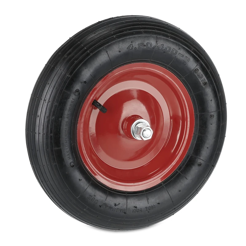 Relaxdays 4.80 4.00-8 Wheelbarrow Tyre, Pneumatic Spare Wheel, Steel Rim & Axle, 4 PR, Supports up to 120 kg, Black/Red