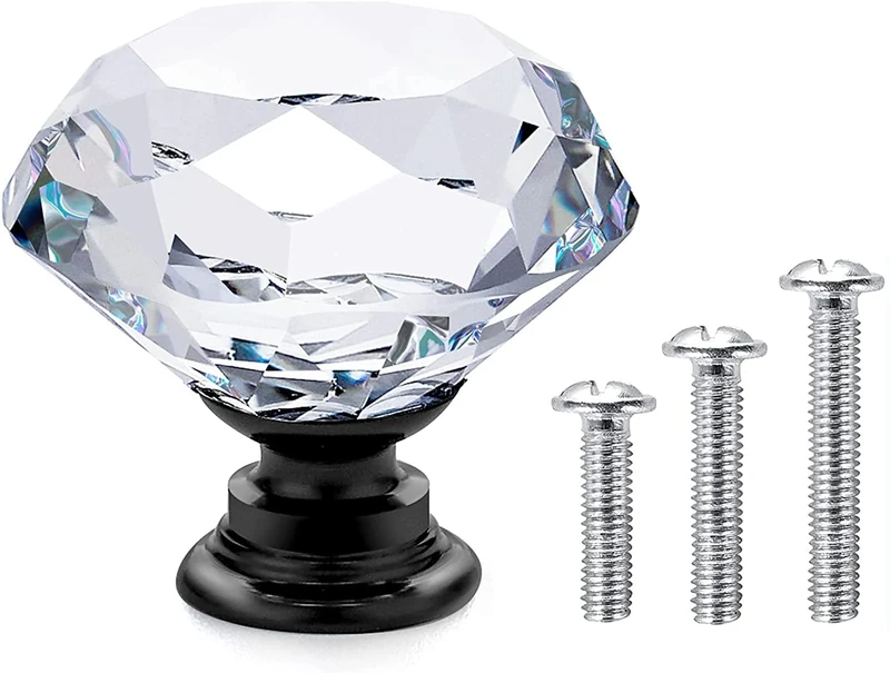 Vandicka 20 Pack 30mm Crystal Glass Cabinet Door Knobs Cupboard Wardrobe Dresser Drawer Pull Handles (Clear Diamond + Black Base) with Mounting Screws in 3 Sizes