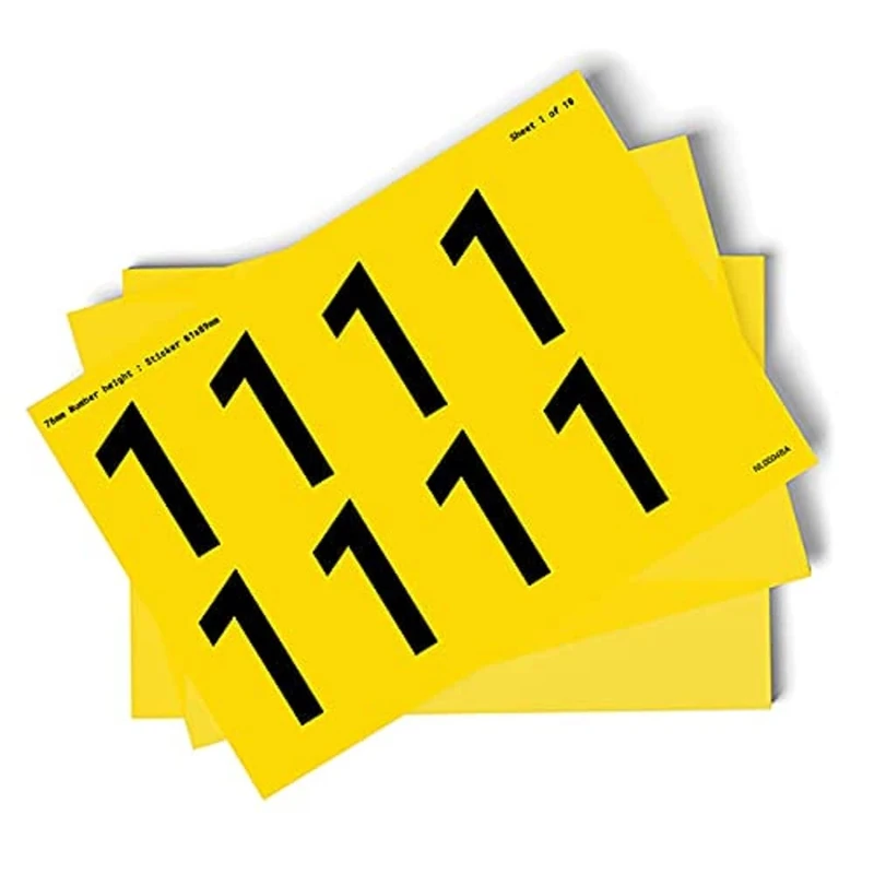 V Safety 0-9 Numbers - Pack of 10-76mm Height - 300x200mm - Yellow Self Adhesive Vinyl