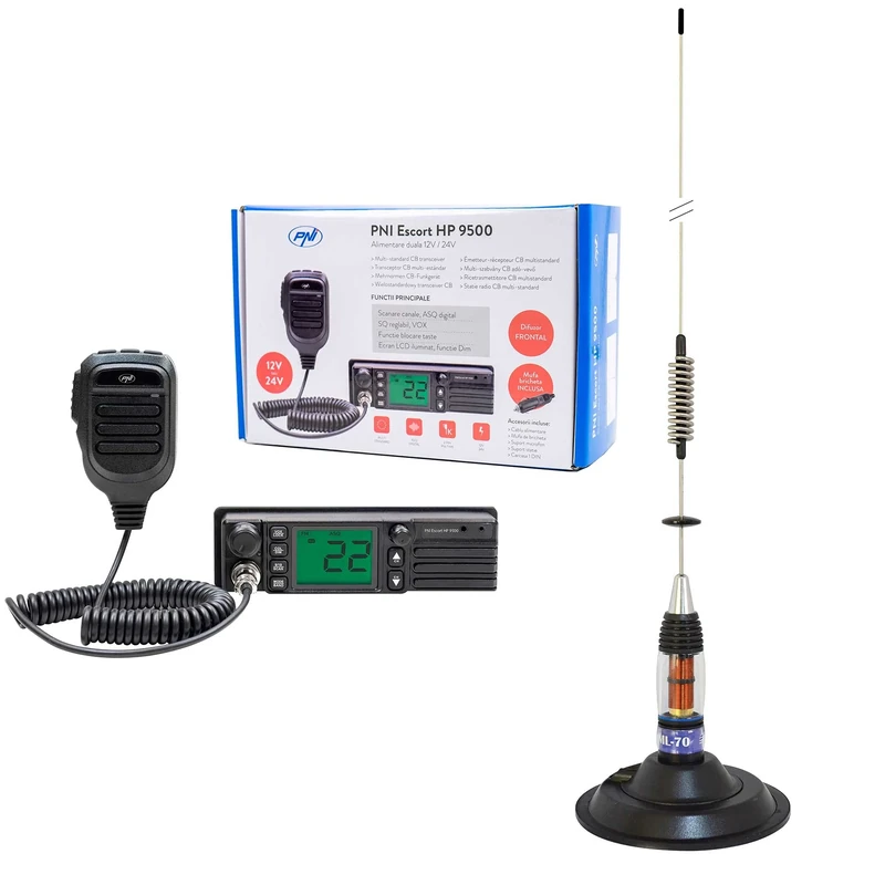 CB Radio PNI Escort HP 9500, ASQ, 12-24V + CB Antenna PNI ML70, 70 cm with magnetic base 145 mm included
