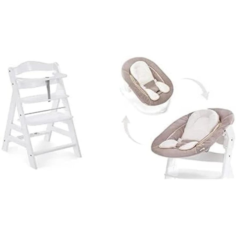 Hauck Wooden Highchair Alpha +, White with Hauck Alpha Bouncer 2-in-1 New-Born Set, Stretch Beige