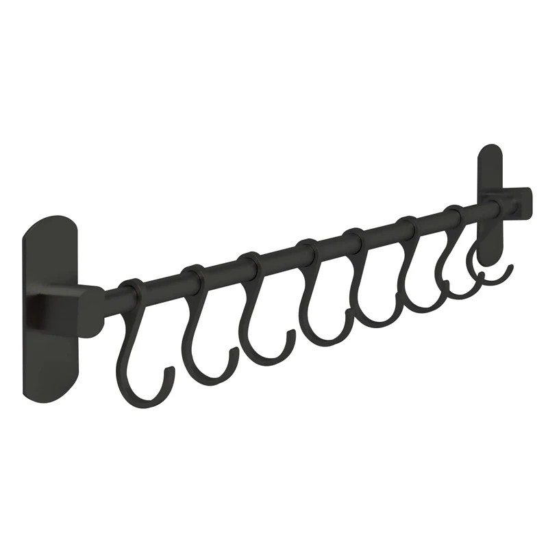 joeji's Kitchen Utensil Rack 40cm - Aluminium Kitchen Rail with 8 Hanging Hooks - Wall Mount Strong 3M Self Adhesive - No Drill Space-Saving Tool Holder - Black